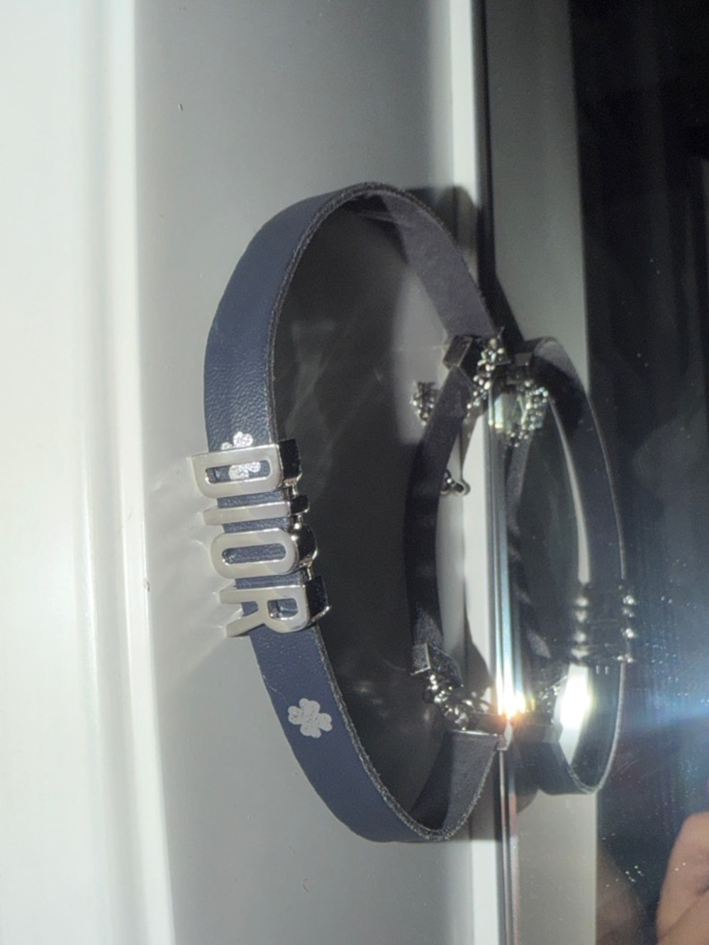 Dior Blue Leather Logo Bracelet with Silver Hardware